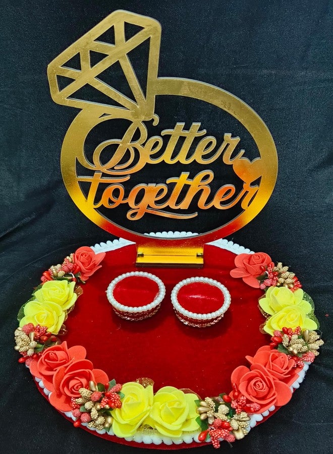 Mridang Handmade Better Together Velvet Engagement Ring tray ring holder platter with beautiful Floral work(anniversary/engagement/wedding platter/Decorative Tray/Marriage Decor)- 9x9x7 INCH - Image 2